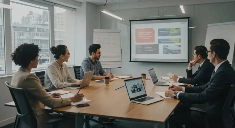 a vibrant office meeting room is filled with diverse professionals engaged in a dynamic discussion, showcasing a digital presentation on tailored security awareness curricula, emphasizing collaboration and strategic planning against emerging global threats.