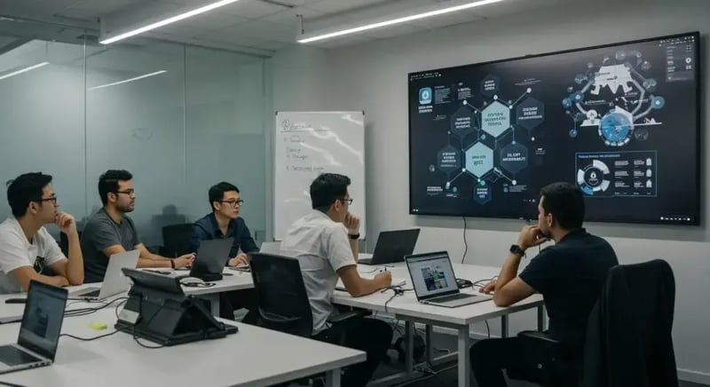a modern office space bustling with engaged employees attentively participating in a dynamic security awareness training session, featuring a large screen displaying vivid infographics on cybersecurity risks and best practices.