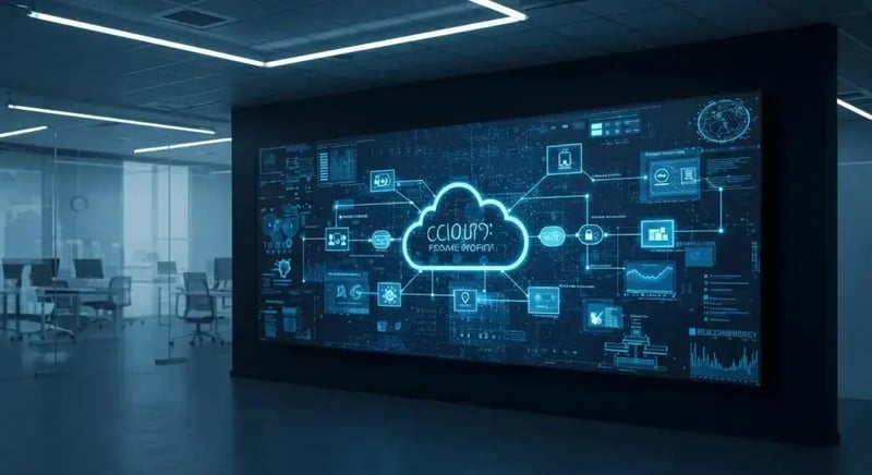a sleek, modern office environment featuring a large digital screen displaying intricate cloud security frameworks and data flow diagrams, illuminated by cool blue and white lighting, suggests a high-tech atmosphere focused on robust cloud security strategies.
