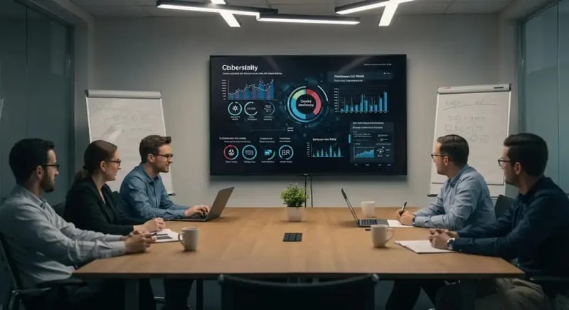 a modern office conference room bathed in soft, focused lighting features a central digital display showcasing a dynamic infographic on cybersecurity statistics, surrounded by attentive employees engaged in a collaborative discussion on the importance of online security awareness training.