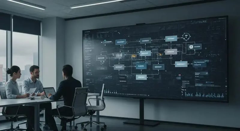 a sleek, modern office setting features a large digital screen displaying an intricate flowchart of threat intelligence integration, surrounded by focused professionals engaged in strategic discussions.