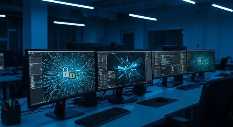 a sleek, modern office workspace filled with advanced computer monitors displaying vibrant, encrypted data streams, illuminated by soft blue lighting to emphasize the theme of robust data security and encryption techniques.