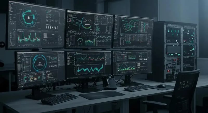a sleek, modern office workstation features multiple screens displaying dynamic threat intelligence dashboards, with a backdrop of high-tech security equipment, embodying the concept of continuous integration and innovative cybersecurity strategies.