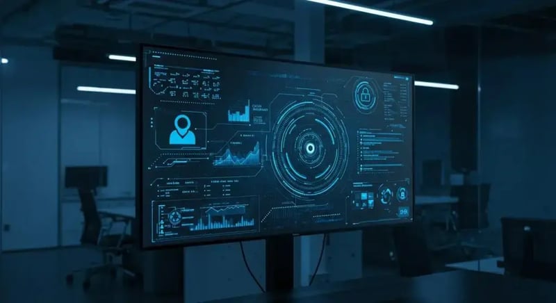 a sleek, modern office environment features a digital screen displaying complex biometric authentication graphics, symbolizing cutting-edge cybersecurity solutions, under cool, focused lighting that highlights the importance of secure user identity verification.