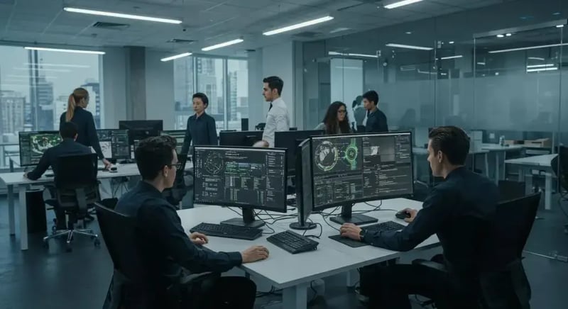 a sleek, modern office filled with advanced cybersecurity technology, showcasing a diverse team of professionals collaborating around a high-tech digital dashboard, analyzing real-time threat intelligence data to fortify their organization’s security posture.