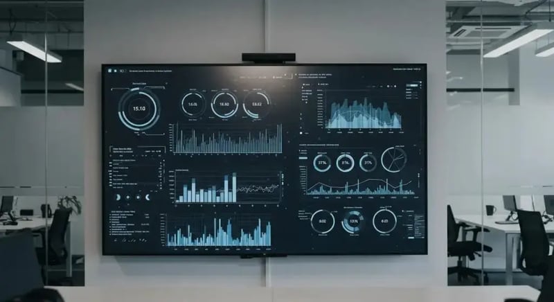 a sleek, modern office environment features a large digital screen displaying dynamic data visualizations and threat analysis graphs, highlighting the integration of advanced threat intelligence in a proactive cybersecurity strategy.