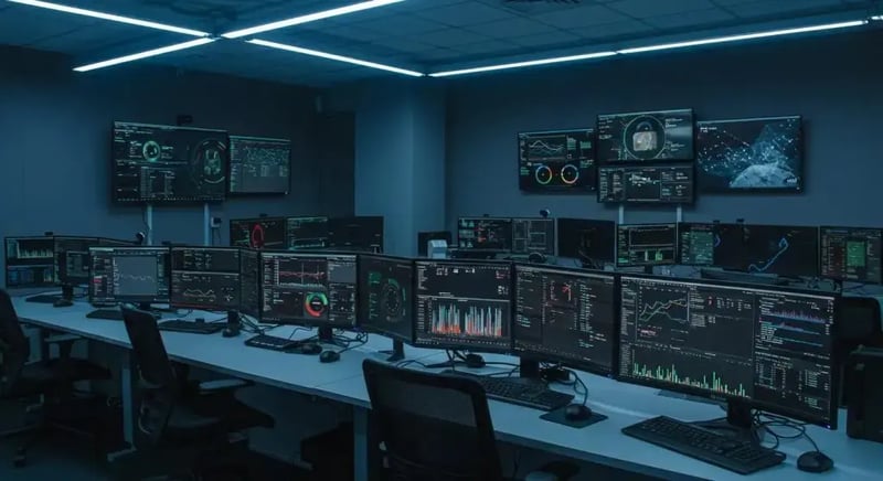 a modern cybersecurity operations center, featuring sleek monitors displaying real-time threat intelligence dashboards, vibrant data visualizations, and security tools in a high-tech workspace illuminated by dynamic led lighting.