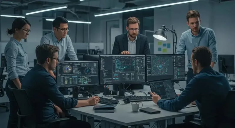 a modern office environment showcases a diverse team of professionals engaged in reviewing and standardizing technical documentation on large digital screens, illuminated by bright, focused lighting that highlights their collaborative efforts to enhance cybersecurity practices.