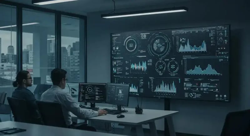 a sleek, modern office environment showcases a large digital screen displaying a dynamic data visualization of threat intelligence metrics, with focused professionals analyzing strategic insights to enhance cybersecurity operations.