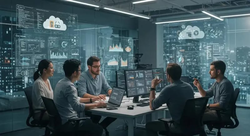 a dynamic urban office environment showcases a focused team engaged in a strategy session, surrounded by digital displays illustrating cloud security metrics and collaborative tools, emphasizing the importance of shared responsibility and continuous monitoring in safeguarding sensitive data.