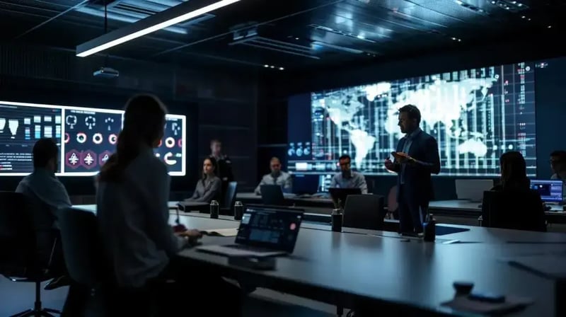 a confident vciso stands at the forefront of a modern office, presenting a detailed cybersecurity roadmap to engaged team members gathered around a sleek conference table, illuminated by bright overhead lights that emphasize a culture of proactive security and strategic leadership.