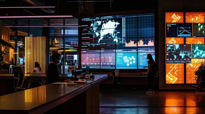 a dimly lit office space features a large screen displaying cybersecurity analytics and breach impact graphs, while a focused professional types strategically at a sleek workstation, embodying the urgency and complexity of assessing a cybersecurity incident.
