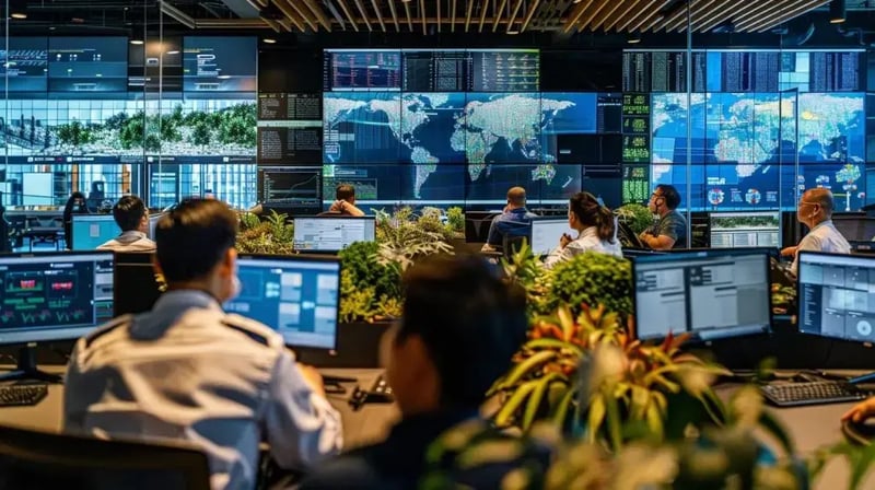 a dynamic urban office environment showcases a diverse team engaged in a strategic meeting, surrounded by digital screens displaying incident response plans and key metrics, emphasizing collaboration and proactive cybersecurity measures.