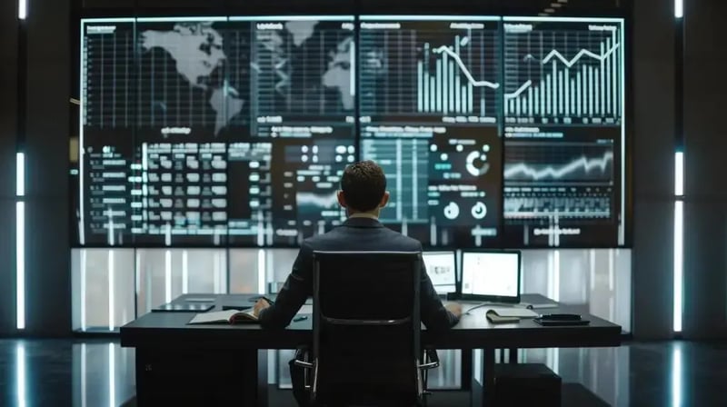 a focused executive in a modern office, surrounded by charts and digital displays, strategizes a detailed business continuity plan while analyzing data on a sleek, illuminated screen, emphasizing the importance of operational resilience during crises.