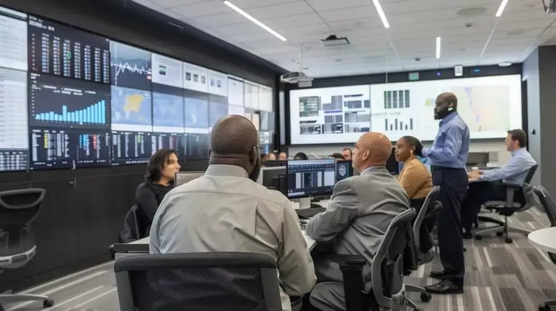 a focused group of diverse cybersecurity professionals engaged in a dynamic discussion inside a sleek, modern office, surrounded by digital screens displaying intricate data and cyber defense strategies, highlighting the identification of ideal candidates for advanced incident response training.