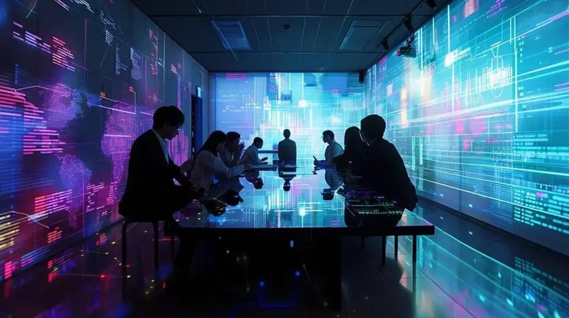 a focused, modern office environment captures a diverse group of professionals engaging in a dynamic brainstorming session around a sleek conference table, surrounded by digital security charts and documents that highlight comprehensive data protection policies.