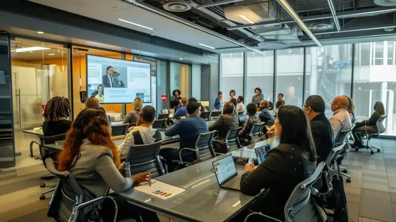 a focused office scene depicting a diverse group of employees engaged in an immersive security training workshop, with interactive displays and engaging materials highlighting real-world cyber threats and proactive defense strategies.