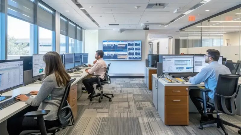 a focused office setting captures a team of professionals engaged in a rigorous security compliance audit, surrounded by digital displays of data analysis, compliance checklists, and documentation, emphasizing the structured phases of meticulous planning and evidence collection.