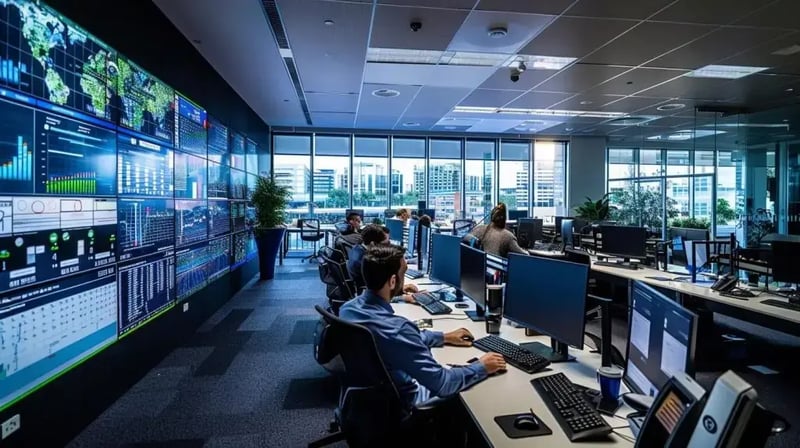 a high-tech office setting in brisbane showcases a focused vciso consultant analyzing real-time cybersecurity data on multiple glowing screens, surrounded by advanced security equipment, illustrating the proactive measures taken to combat emerging cyber threats.