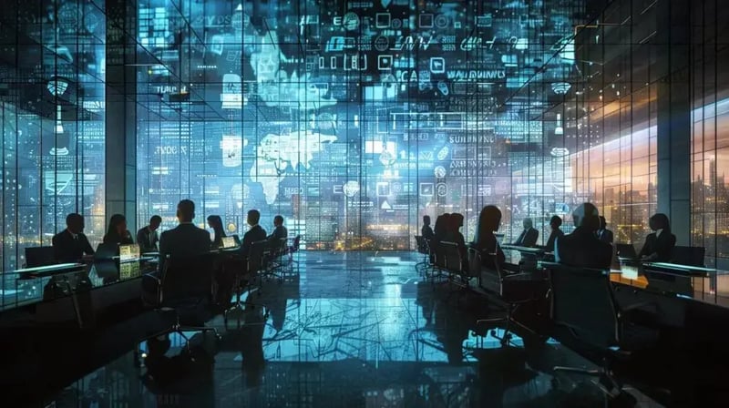 a modern corporate boardroom, featuring a sleek glass conference table surrounded by diverse executives engaged in a vibrant discussion, with digital security framework diagrams projected on screens, symbolizing the crucial role of security frameworks in contemporary corporate governance.