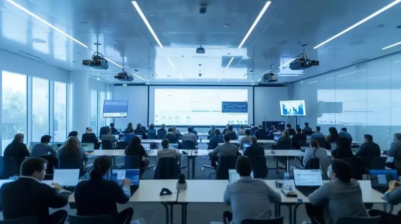 a modern corporate training room filled with engaged employees attentively participating in an interactive cybersecurity workshop, illuminated by stark overhead lights and showcasing high-tech digital displays illustrating key metrics and strategic frameworks for effective security training.