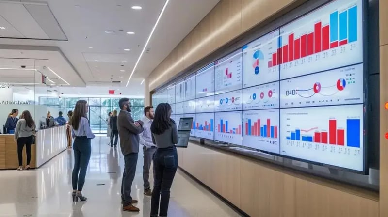 a modern, high-tech office filled with large screens displaying real-time cybersecurity data and graphs, highlighting the intensity of incident detection and analysis as a diverse team collaborates with focused expressions to strategize effective responses.