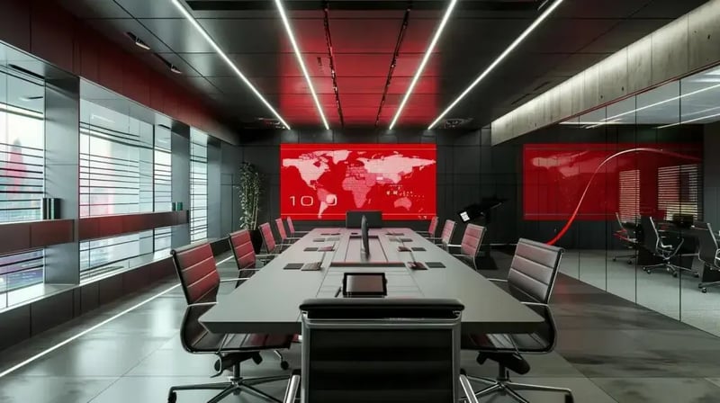 a modern office conference room features a large digital screen displaying key compliance regulations alongside a vibrant infographic, emphasizing the urgency of network security and regulatory adherence in a sleek, professional setting.