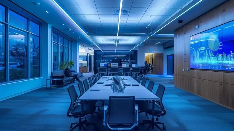 a modern office environment features a sleek conference room where diverse professionals engage in an intense discussion over a digital presentation on iso compliance frameworks, illuminated by soft artificial lighting that accentuates their focused expressions and high-tech gadgets.