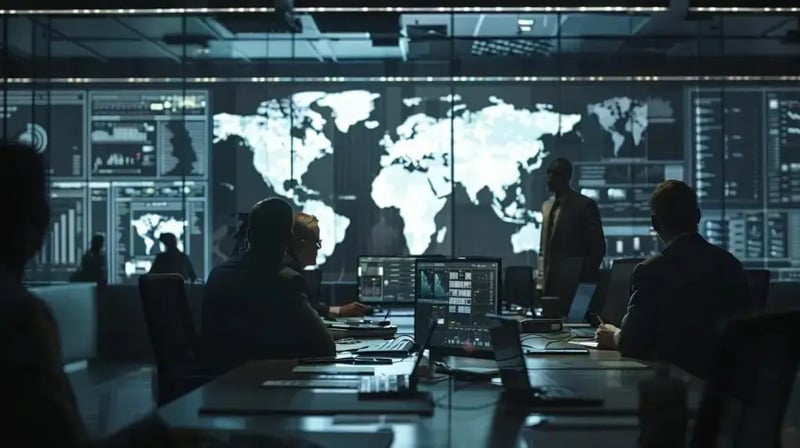 a modern office environment featuring a diverse team engaged in a collaborative meeting, surrounded by digital displays showcasing security compliance frameworks and automated monitoring dashboards, reflecting a strong commitment to cybersecurity and regulatory adherence.