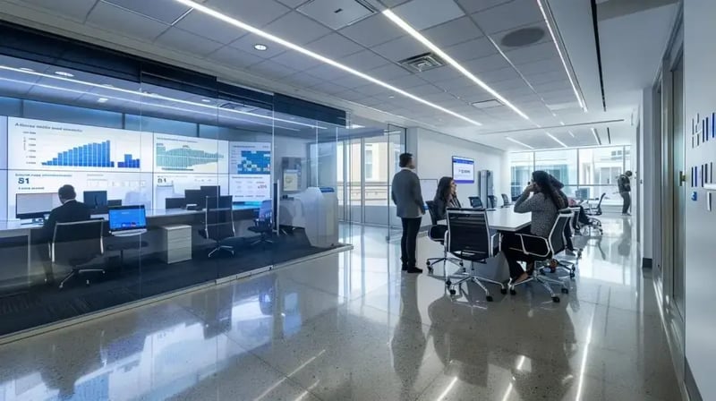a modern office environment features a sleek digital dashboard displaying real-time cybersecurity analytics, with professionals engaged in collaborative discussions around compliance solutions and data protection strategies.