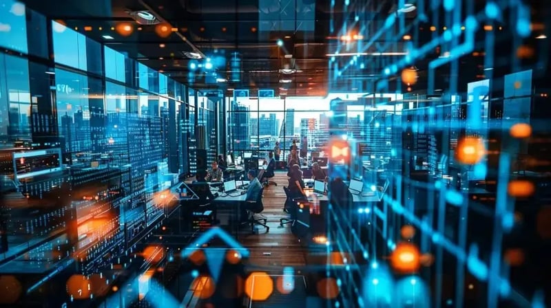 a modern office space bustling with dynamic teams engaged in a cybersecurity strategy meeting, illuminated by bright overhead lights and filled with digital displays showcasing real-time security analytics, conveying urgency and collaboration in addressing local incident response challenges.
