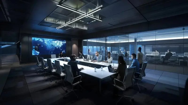 a modern office space featuring a diverse team engaged in an animated discussion around a sleek conference table, illuminated by professional lighting, as they strategize the actionable stages of implementing an effective iso compliance framework on digital devices.