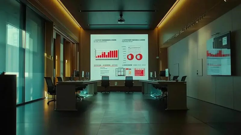 a modern office space with sleek, minimalist design showcases a professional and focused atmosphere, featuring a prominent display of digital compliance charts and data protection regulations on a large screen, symbolizing the crucial role of regulatory adherence in safeguarding business data.