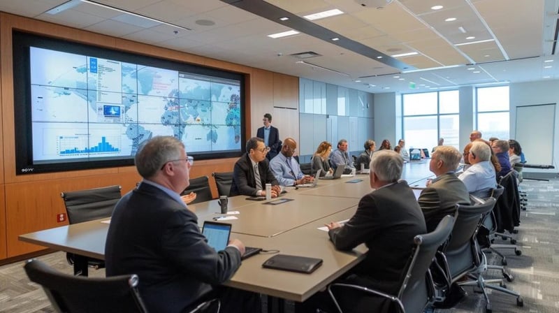 a modern, sleek conference room is bustling with a diverse team of professionals engaged in a strategic discussion, highlighting their clearly defined roles as they analyze cybersecurity data on multiple screens, emphasizing the collaborative effort required for effective incident response to data breaches.