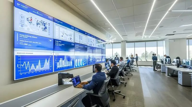 a modern, sleek office filled with diverse professionals intently analyzing various cybersecurity risk assessment tools displayed on multiple large screens, each showcasing different data visualizations and security analytics in a collaborative, high-tech environment.
