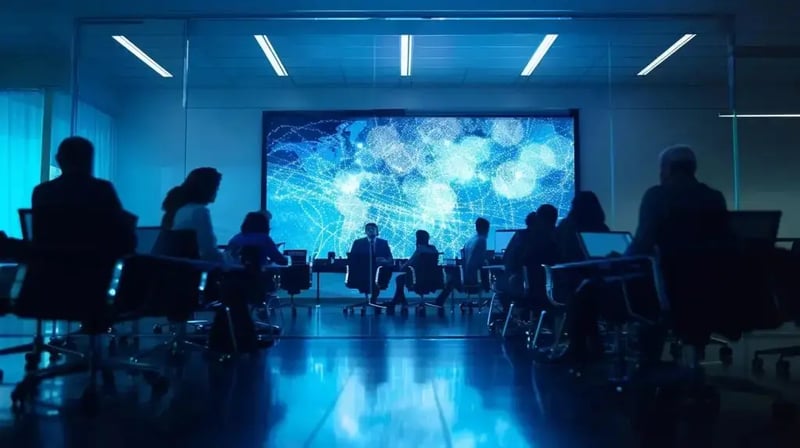 a professional conference room featuring a large table surrounded by engaged business professionals discussing strategy on a digital screen, embodying the crucial steps of building an effective incident response framework.