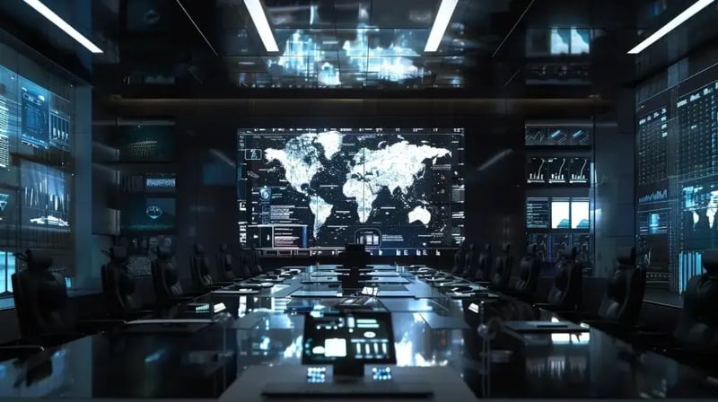 a sleek, modern boardroom with a large digital screen displaying interconnected security frameworks and it governance objectives, emphasizing the strategic integration of technology and business outcomes in a dynamic corporate environment.
