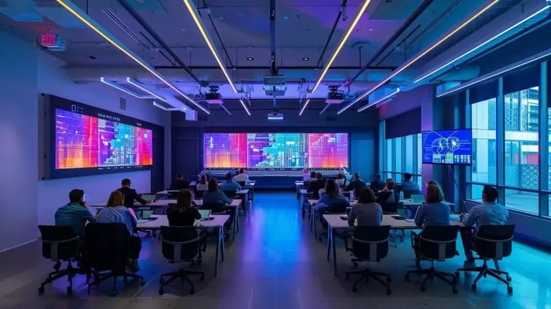 a sleek, modern conference room filled with professionals engaged in a dynamic risk assessment workshop, highlighting digital displays of probability matrices and decision trees, with vibrant data visualizations projected on walls illustrating complex risk scenarios.