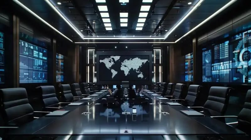 a sleek, modern office boardroom is illuminated by bright overhead lights, featuring a large digital screen displaying a strategic security compliance framework, surrounded by diverse professionals engaged in an intense discussion about iso standards and risk management.