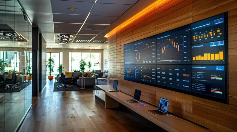 a sleek, modern office environment showcasing a digital dashboard on a large screen, highlighting sql server performance metrics and analytics tools, with a professional database administrator examining the data thoughtfully against a backdrop of contemporary office architecture.