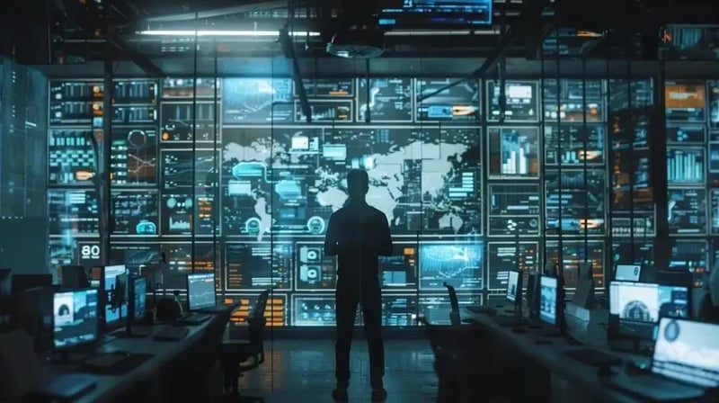 a sleek, modern office environment features a diverse team actively collaborating around a large digital screen displaying cybersecurity frameworks and risk management strategies, emphasizing a proactive approach to security compliance.
