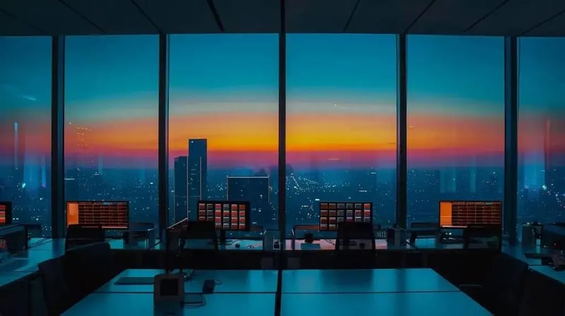 a sleek, modern office environment with multiple computer screens displaying encrypted data flows and security analytics, illuminated by cool, artificial lighting to emphasize the high-tech atmosphere of cloud data protection strategies.