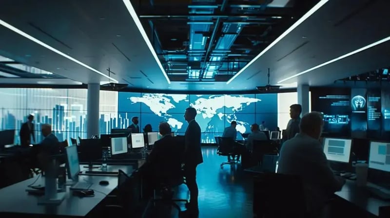 a sleek, modern office environment showcases a diverse group of employees engaged in a dynamic cybersecurity training session, complete with interactive simulations and digital screens displaying threat scenarios.