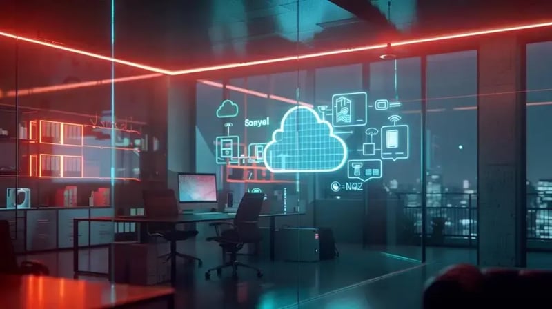 a sleek, modern office environment features a large digital display showcasing cloud identity management concepts, with illuminated icons representing single sign-on, multi-factor authentication, and role-based access control, emphasizing a secure and streamlined user experience.