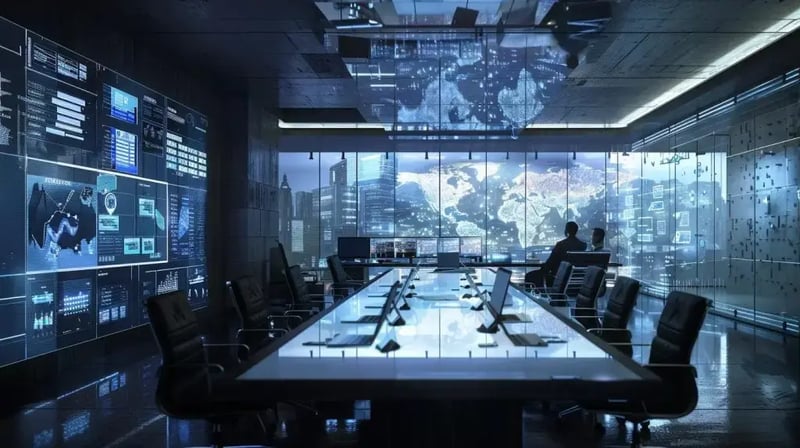 a sleek, modern office environment features a large digital display showcasing various cybersecurity compliance frameworks, with professionals engaged in a focused discussion around a polished conference table, conveying an atmosphere of strategic planning and collaboration.