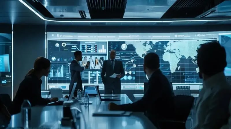 a sleek, modern office environment featuring a diverse group of business professionals engaged in a strategic discussion around a digital presentation highlighting cybersecurity keyword strategies, illuminated by soft overhead lighting that emphasizes their focused expressions.