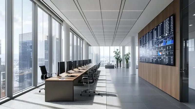 a sleek, modern office environment features multiple digital screens displaying complex data analytics and security protocols, highlighting the critical role of access control measures in protecting sensitive information from cyber threats.