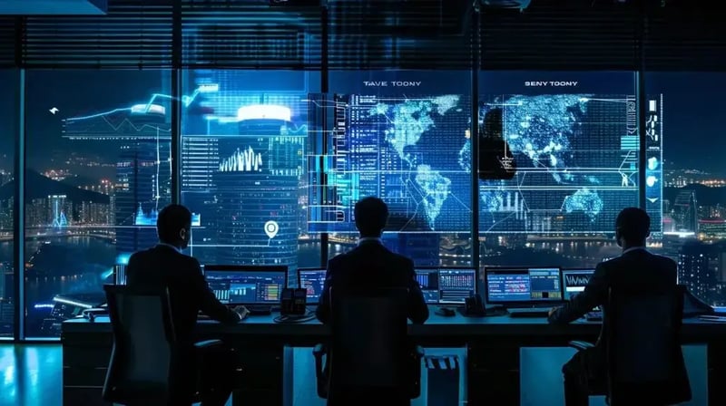 a sleek, modern office environment showcases diverse business professionals engaged in a dynamic strategy session, analyzing complex risk matrices and digital dashboards that highlight the turbulent landscape of contemporary business threats.