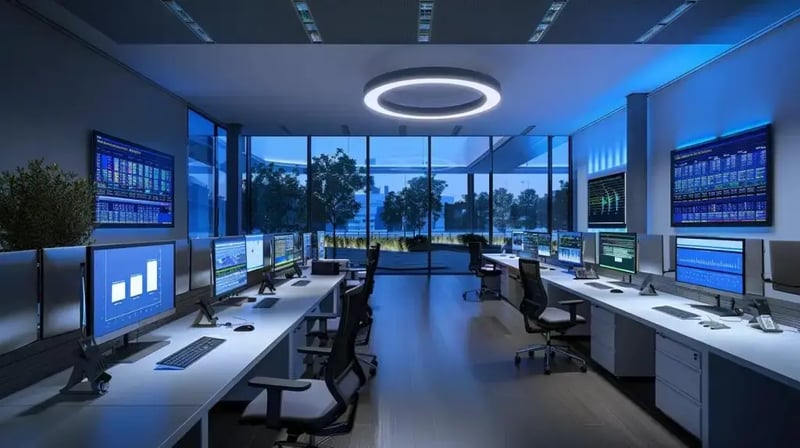 a sleek, modern office filled with multiple computer monitors displaying dynamic threat intelligence dashboards, illuminated by a soft blue light, emphasizing the urgent collaboration among professionals as they analyze data to enhance corporate security strategies.