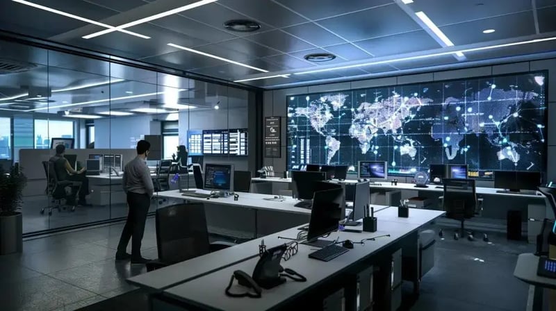 a sleek, modern office filled with collaborative teams, focused on a large display screen showcasing a comprehensive incident response plan template, with highlighted sections emphasizing roles, procedures, and recovery strategies.